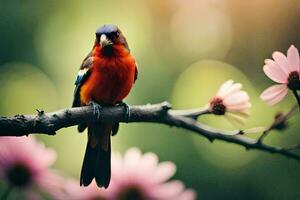 ein bunt Vogel sitzt auf ein Ast mit Blumen. KI-generiert foto