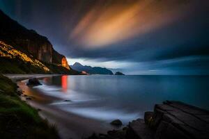 ein lange Exposition Foto von ein Strand beim Nacht. KI-generiert