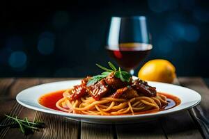 Spaghetti mit Fleisch und Tomate Soße auf ein Platte. KI-generiert foto