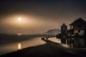 ein Haus sitzt auf das Ufer von ein See beim Nacht. KI-generiert foto