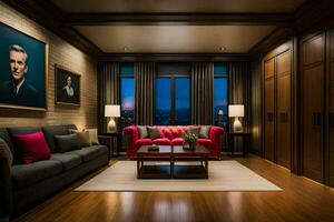 ein Leben Zimmer mit ein rot Couch und ein Gemälde auf das Mauer. KI-generiert foto
