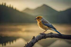 ein Vogel sitzt auf ein Ast in der Nähe von ein See. KI-generiert foto