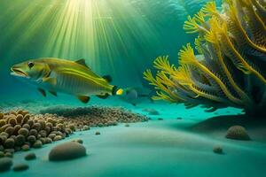 ein Fisch Schwimmen im das Ozean mit Koralle und Meer Leben. KI-generiert foto