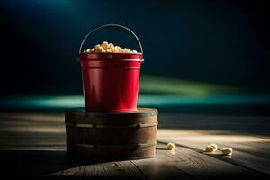 ein rot Eimer mit Popcorn auf oben von ein hölzern Tisch. KI-generiert foto