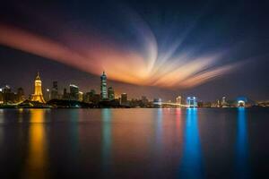 das Stadt Horizont beim Nacht mit bunt Beleuchtung. KI-generiert foto