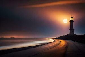 ein Leuchtturm steht auf das Strand beim Nacht mit ein voll Mond. KI-generiert foto