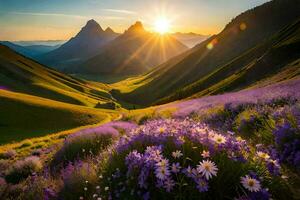 das Sonne steigt an Über das Berge im das Hintergrund. KI-generiert foto