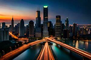 das Chicago Horizont beim Dämmerung mit der Verkehr Beleuchtung. KI-generiert foto