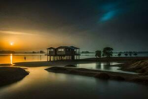ein Haus auf das Ufer von ein See beim Sonnenuntergang. KI-generiert foto