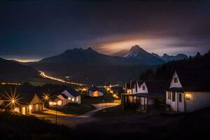 ein klein Stadt, Dorf im das Berge beim Nacht. KI-generiert foto