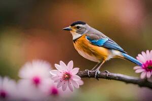 ein Vogel sitzt auf ein Ast mit Rosa Blumen. KI-generiert foto