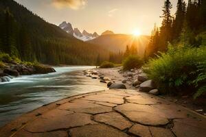 das Sonne steigt an Über ein Fluss und Berge. KI-generiert foto