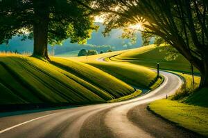 ein Wicklung Straße im das Landschaft mit Bäume und Gras. KI-generiert foto