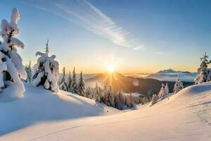 Schnee bedeckt Bäume beim Sonnenuntergang im das Berge. KI-generiert foto