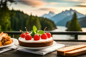 ein Dessert und ein Teller von Essen mit ein Aussicht von Berge. KI-generiert foto