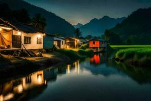 Häuser entlang das Fluss beim Nacht mit Berge im das Hintergrund. KI-generiert foto