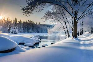 Schnee bedeckt Bäume und ein Fluss im das Winter. KI-generiert foto