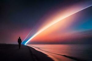 ein Mann Spaziergänge entlang das Strand beim Sonnenuntergang mit ein Regenbogen. KI-generiert foto