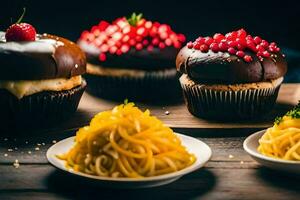 drei Cupcakes mit Schokolade Glasur und Beeren. KI-generiert foto