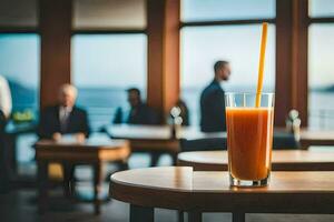 ein Glas von Orange Saft auf ein Tabelle im ein Restaurant. KI-generiert foto