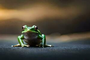 ein Frosch Sitzung auf das Boden mit ein verschwommen Hintergrund. KI-generiert foto