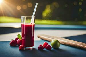 ein Glas von Himbeere Saft mit ein Stroh. KI-generiert foto