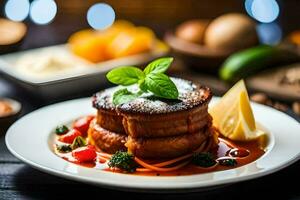 ein Teller von Essen mit Fleisch und Gemüse. KI-generiert foto