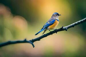 ein Blau und Gelb Vogel sitzt auf ein Ast. KI-generiert foto