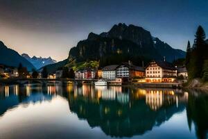 das Stadt, Dorf von hallstatt beim Dämmerung. KI-generiert foto