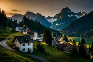 Foto Hintergrund das Himmel, Berge, Haus, Straße, See, Straße, das Berge, Haus. KI-generiert