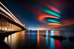 ein Brücke mit bunt Beleuchtung und ein lange Belichtung. KI-generiert foto