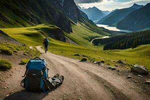 ein Person mit ein Rucksack auf ein Schmutz Straße im das Berge. KI-generiert foto