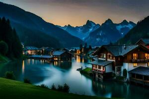 Foto Hintergrund Berge, das Nacht, See, Haus, das Berge, das See, das Haus. KI-generiert