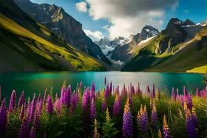 schön Blumen und Berge im das Mitte von ein See. KI-generiert foto