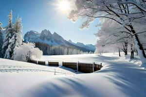 Schnee bedeckt Bäume und ein Zaun im das Sonne. KI-generiert foto