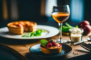 ein Teller mit ein Dessert und ein Glas von Wein. KI-generiert foto