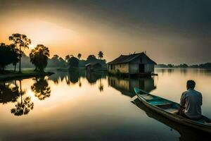 ein Mann sitzt im ein Boot auf das Wasser beim Sonnenuntergang. KI-generiert foto