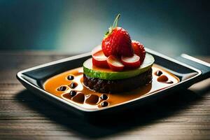 ein Dessert mit Erdbeeren und Avocado auf ein schwarz Platte. KI-generiert foto
