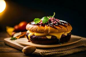 ein Hamburger mit Käse und Obst auf ein hölzern Tisch. KI-generiert foto