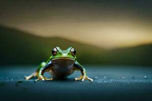 ein Frosch Sitzung auf das Boden mit ein dunkel Hintergrund. KI-generiert foto