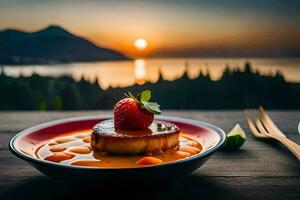 ein Teller von Essen mit ein Erdbeere und ein Glas von Orange Saft. KI-generiert foto