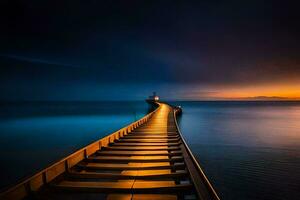 ein lange hölzern Seebrücke führt zu das Ozean beim Nacht. KI-generiert foto