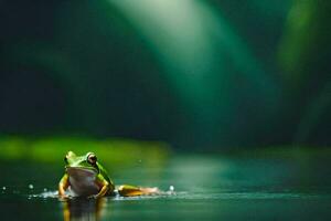 ein Frosch ist Sitzung auf das Wasser im das dunkel. KI-generiert foto