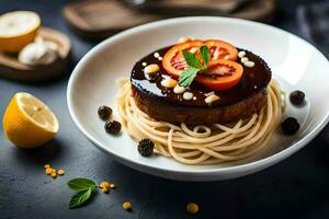 Spaghetti mit Tomate Soße und Basilikum auf ein Platte. KI-generiert foto