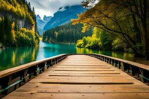 ein hölzern Brücke führt zu ein See umgeben durch Berge. KI-generiert foto