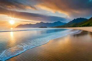 das Sonne setzt Über das Ozean und Berge im Island. KI-generiert foto