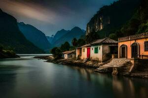 Häuser auf das Banken von ein Fluss im China. KI-generiert foto