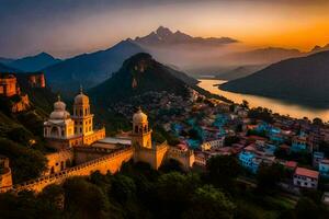 das Sonnenuntergang Über das Stadt von Kathmandu, Nepal. KI-generiert foto