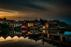 ein Boot ist angedockt beim das Ende von ein Dock beim Sonnenuntergang. KI-generiert foto