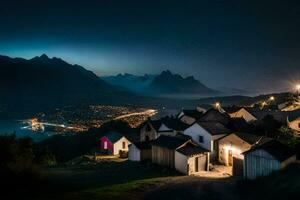 ein Dorf beim Nacht mit Berge im das Hintergrund. KI-generiert foto